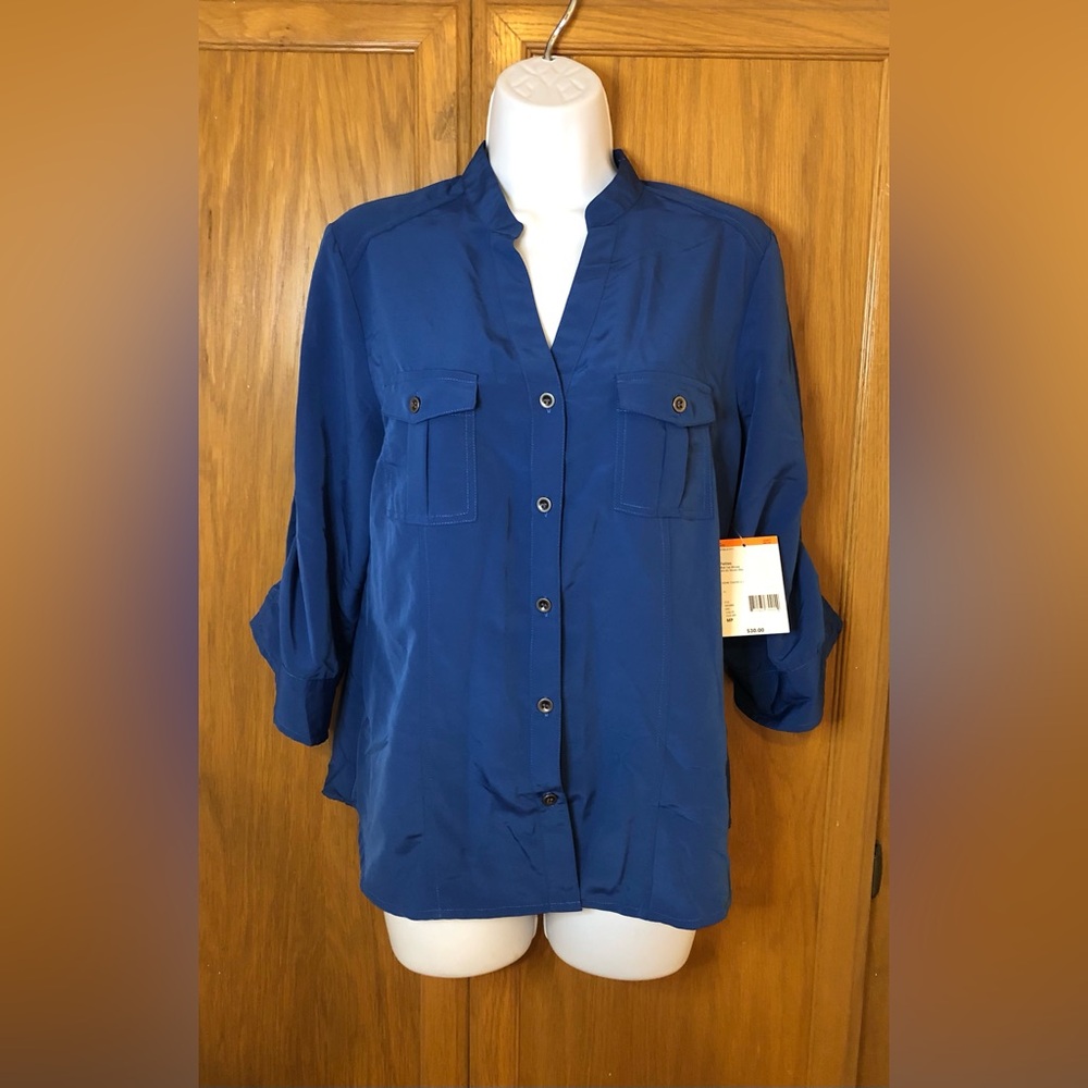 Laura Scott Petite Size S Roll Tab Sleeves Blue NWT